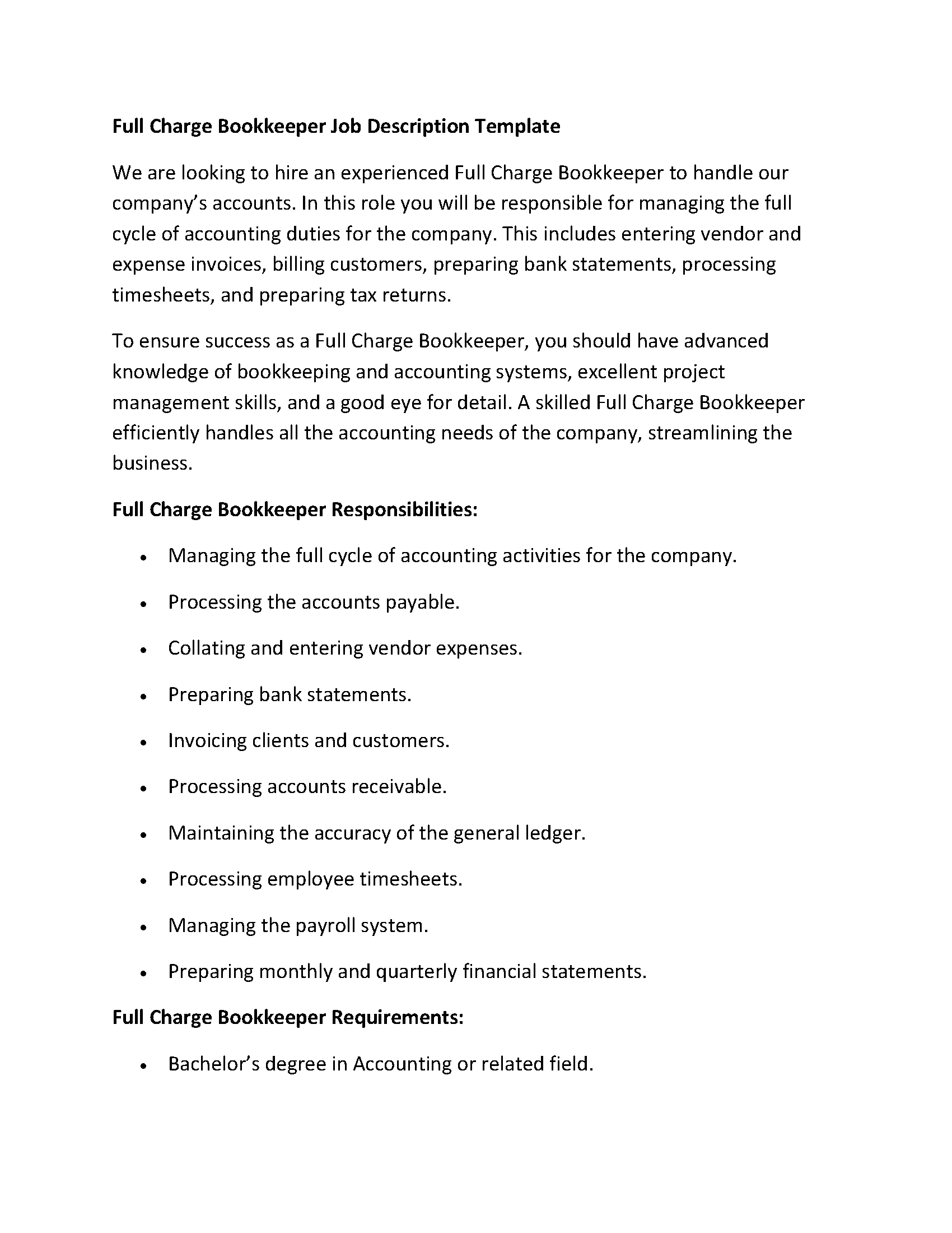 Full Charge Bookkeeper Job Description Template